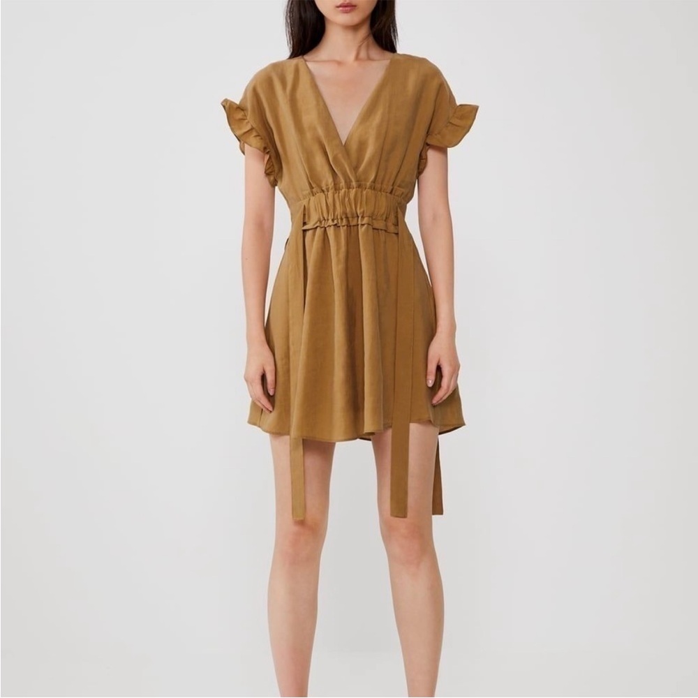 ZARA Brown V-Neck Mini Dress w. Ruffles & Sides Tie - Size M